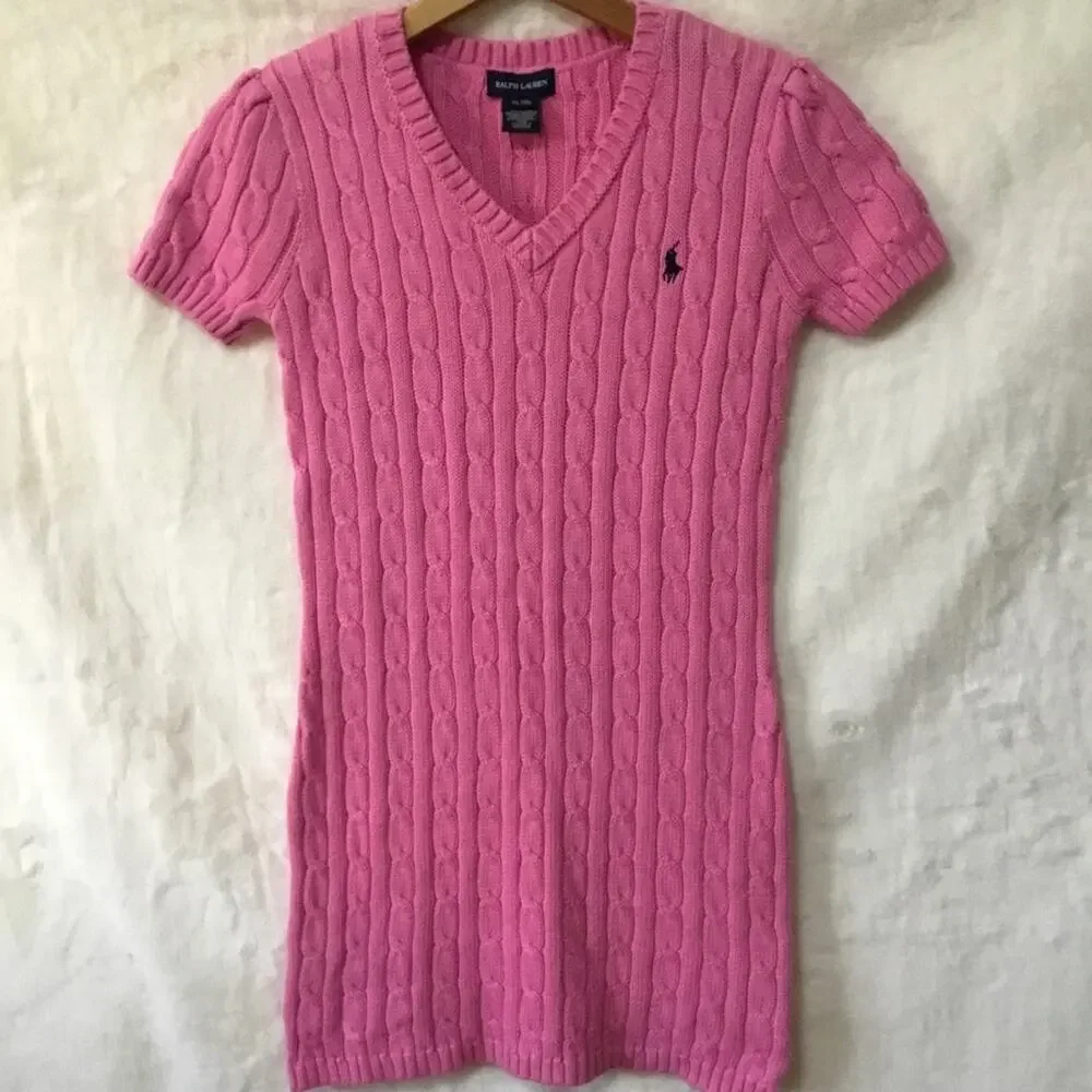 Ralph Lauren Girl Pink Cable Knit V-Neck Dress